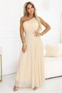 656-2 Długa błyszcząca suknia wieczorowa na jedno ramię - szampański beż