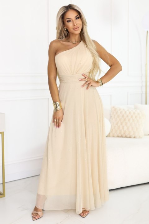 656-2 Długa błyszcząca suknia wieczorowa na jedno ramię - szampański beż