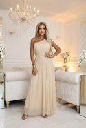 656-2 Długa błyszcząca suknia wieczorowa na jedno ramię - szampański beż