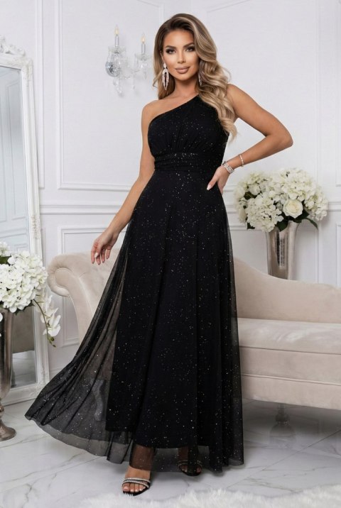 656-3 Długa błyszcząca suknia wieczorowa na jedno ramię - klasyczna czerń