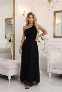 656-3 Długa błyszcząca suknia wieczorowa na jedno ramię - klasyczna czerń