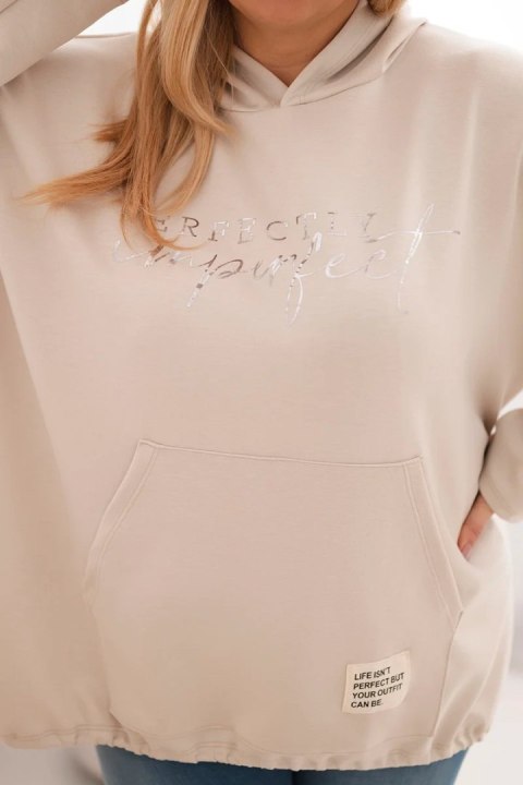 Bluza damska Plus Size z kapturem i nadrukiem beżowa
