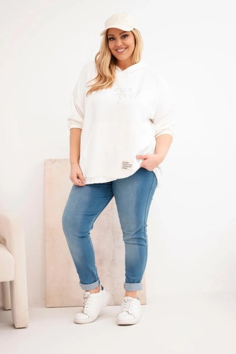 Bluza damska Plus Size z kapturem i nadrukiem ecru