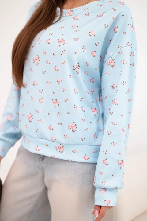 Bluza damska wiskozowa w drobne kwiatki z długim rękawem niebieska