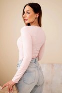Bluzka damska basic z kwadratowym dekoltem i długim rękawem pudrowy róż
