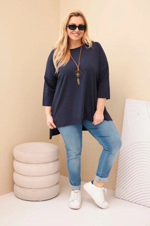 Bluzka damska bawełniana Plus Size asymetryczna z naszyjnikiem granatowa