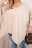 Bluzka damska bawełniana Plus Size z asymetrycznym dołem i dekoltem V beżowa