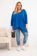 Bluzka damska bawełniana Plus Size z asymetrycznym dołem i dekoltem V chabrowa