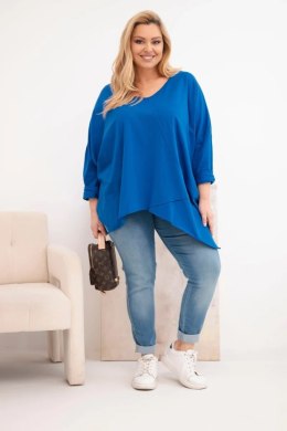 Bluzka damska bawełniana Plus Size z asymetrycznym dołem i dekoltem V chabrowa