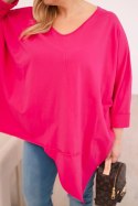 Bluzka damska bawełniana Plus Size z asymetrycznym dołem i dekoltem V fuksja
