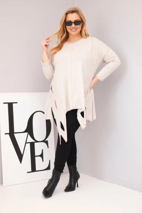 Bluzka damska bawełniana Plus Size z asymetrycznym dołem i wycięciami beżowa