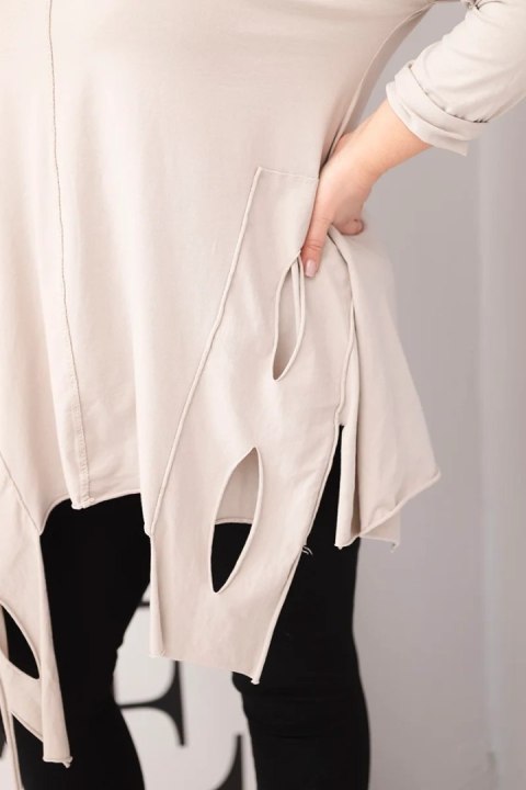 Bluzka damska bawełniana Plus Size z asymetrycznym dołem i wycięciami beżowa