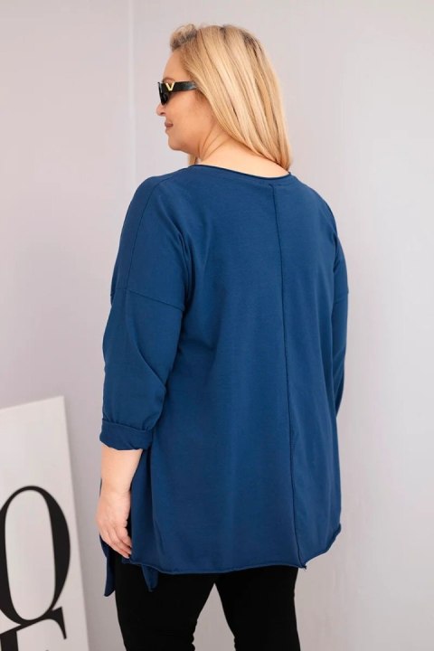 Bluzka damska bawełniana Plus Size z asymetrycznym dołem i wycięciami granatowa
