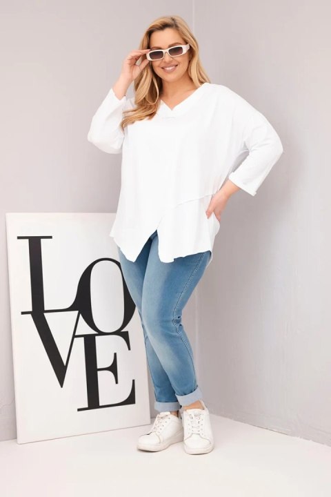 Bluzka damska bawełniana Plus Size z głębokim dekoltem V i asymetrycznym dołem biała