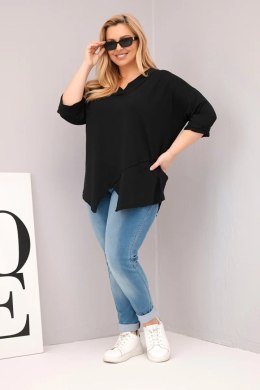Bluzka damska bawełniana Plus Size z głębokim dekoltem V i asymetrycznym dołem czarna