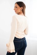 Bluzka damska prążkowana z dekoltem V i falbanami na rękawach beżowa