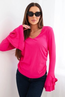 Bluzka damska prążkowana z dekoltem V i falbanami na rękawach fuksja
