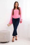 Bluzka damska prążkowana z dekoltem V i falbanami na rękawach jasno różowa