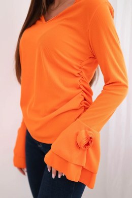 Bluzka damska prążkowana z dekoltem V i falbanami na rękawach pomarańczowa