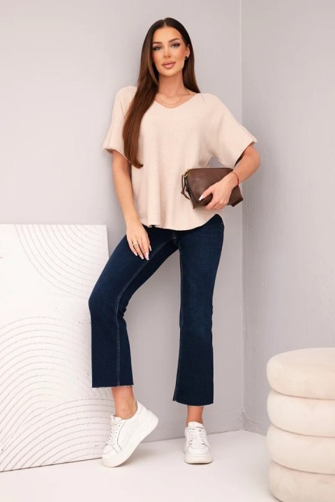 Bluzka damska sweterkowa z krótkim rękawem i dekoltem w serek beżowa