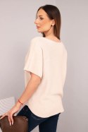 Bluzka damska sweterkowa z krótkim rękawem i dekoltem w serek beżowa