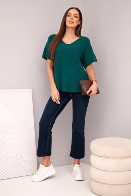 Bluzka damska sweterkowa z krótkim rękawem i dekoltem w serek ciemno zielona