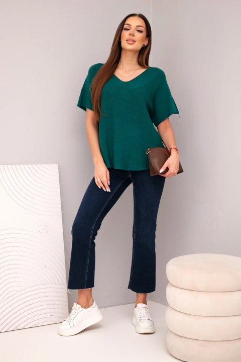 Bluzka damska sweterkowa z krótkim rękawem i dekoltem w serek ciemno zielona