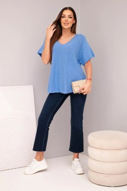 Bluzka damska sweterkowa z krótkim rękawem i dekoltem w serek jeansowa