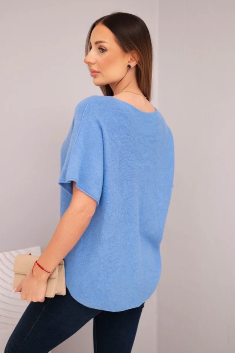 Bluzka damska sweterkowa z krótkim rękawem i dekoltem w serek jeansowa