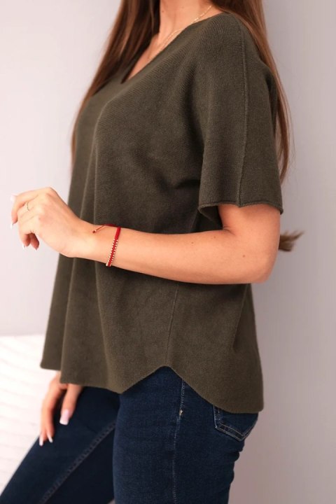 Bluzka damska sweterkowa z krótkim rękawem i dekoltem w serek khaki