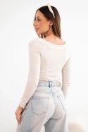 Bluzka damska wiskozowa z szerokim dekoltem i długim rękawem beżowa