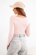 Bluzka damska wiskozowa z szerokim dekoltem i długim rękawem róż pudrowy