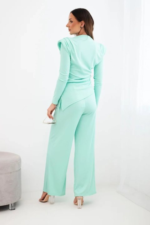 Komplet damski bawełniany z bluzką i spodniami z szeroką nogawką miętowy