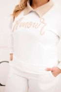 Komplet damski masełko Plus Size z szerokimi nogawkami i kołnierzykiem biały