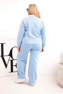 Komplet damski masełko Plus Size z szerokimi nogawkami i kołnierzykiem niebieski