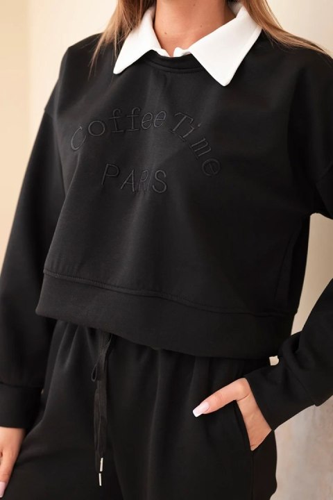 Komplet damski masełko bluza z kołnierzykiem i proste spodnie czarny