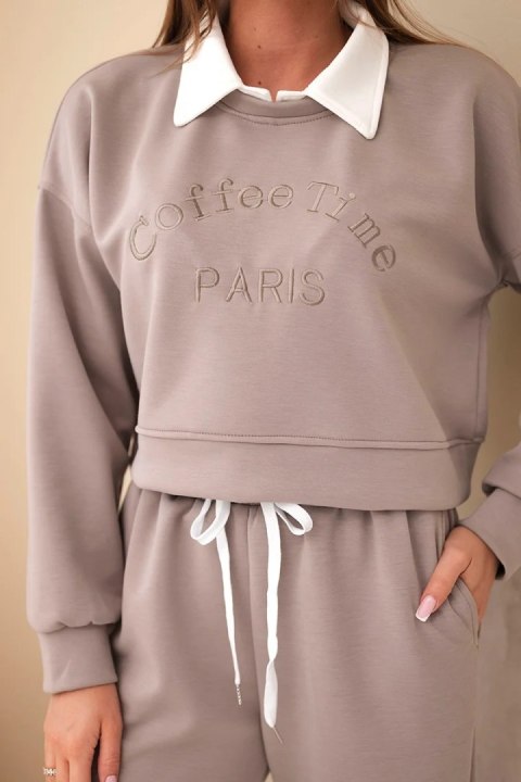 Komplet damski masełko bluza z kołnierzykiem i proste spodnie fango