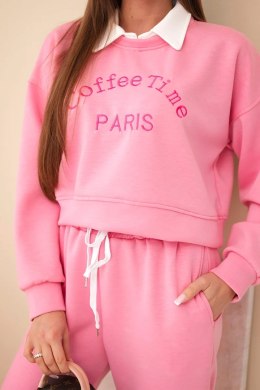 Komplet damski masełko bluza z kołnierzykiem i proste spodnie jasny różowy