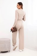 Komplet damski wiskozowy z bluzką i szerokimi spodniami beżowy
