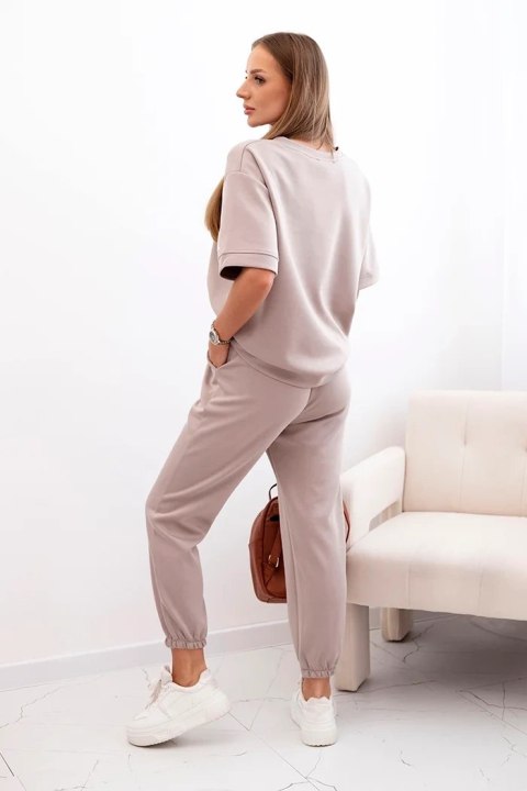 Komplet damski z wiskozy masełko z krótkim rękawem i spodniami ciemny beżowy