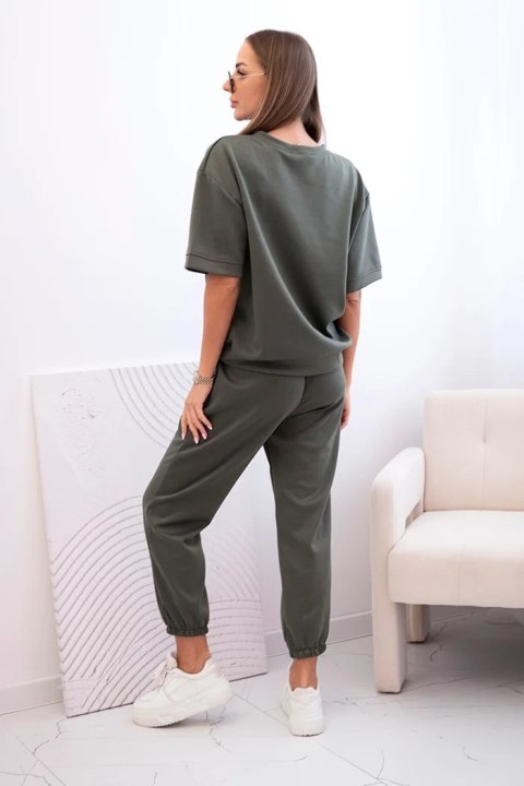 Komplet damski z wiskozy masełko z krótkim rękawem i spodniami khaki