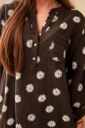 Lniana damska bluzka w kwiaty z długim rękawem i guzikami brązowa