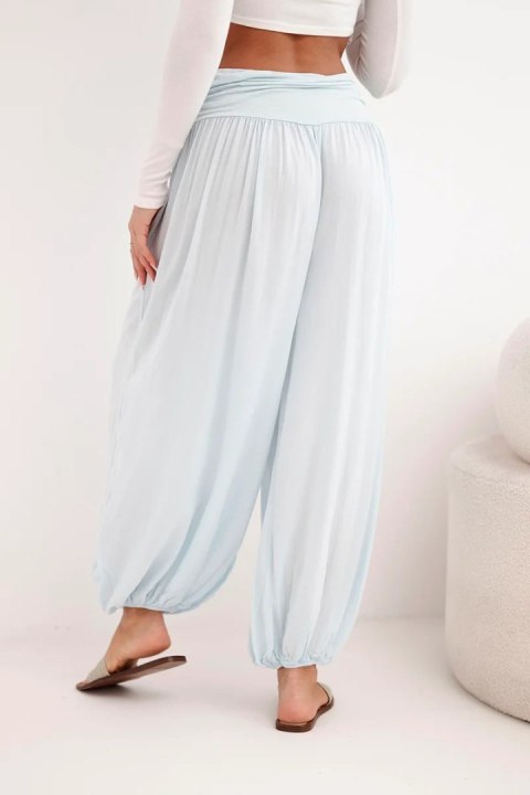 Spodnie damskie wiskozowe z szeroką nogawką i marszczeniami niebieskie