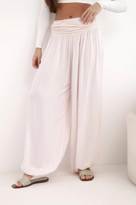 Spodnie damskie wiskozowe z szeroką nogawką i marszczeniami pudrowy róż
