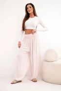 Spodnie damskie wiskozowe z szeroką nogawką i marszczeniami pudrowy róż