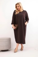 Sukienka damska Plus Size bawełniana z długim rękawem i marszczeniem w talii brązowa