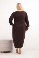 Sukienka damska Plus Size bawełniana z długim rękawem i marszczeniem w talii brązowa
