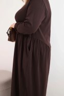 Sukienka damska Plus Size bawełniana z długim rękawem i marszczeniem w talii brązowa