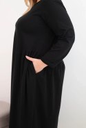 Sukienka damska Plus Size bawełniana z długim rękawem i marszczeniem w talii czarna