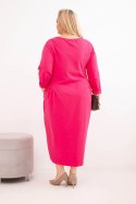 Sukienka damska Plus Size bawełniana z długim rękawem i marszczeniem w talii fuksja